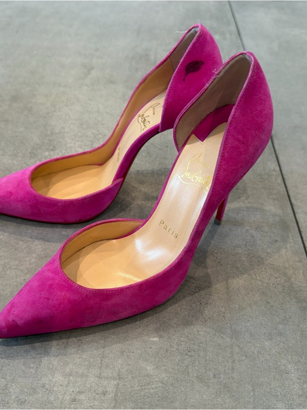 Christian Louboutin Pink Fuchsia Suede D’Orsay Heels 37.5 US 7.5 - Picture 12 of 14